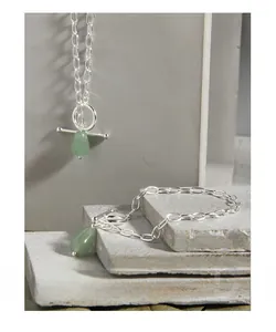 Detail view of S925 silver paperclip chain bracelet with green jade and OT clasp