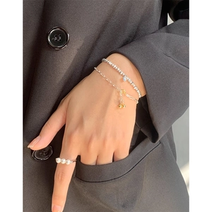 Minimalist S925 sterling silver geometric bead bracelet and pearl ring set for women