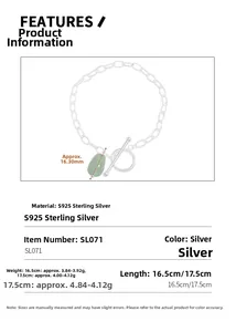 Detailed view of S925 sterling silver bracelet with green teardrop stone and size chart