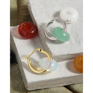 S925 sterling silver geometric hoop earrings with polished round translucent jade beads