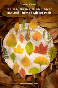 Macro detail of Leaf Seasons themed stickers with vintage foliage motifs in a white dish