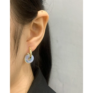 S925 silver geometric hoop earrings with light blue jade circle pendant for women