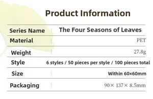 Detailed specifications for PET vintage leaf stickers including size, weight and material info