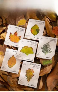 Macro view of 100 leaf-themed decorative stickers in natural autumn tones and shapes
