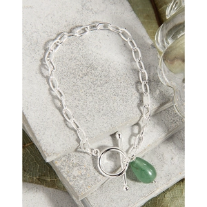 Elegant S925 silver OT buckle bracelet with a green aventurine teardrop gemstone pendant