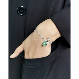 Minimalist S925 sterling silver OT buckle bracelet with green teardrop jade pendant