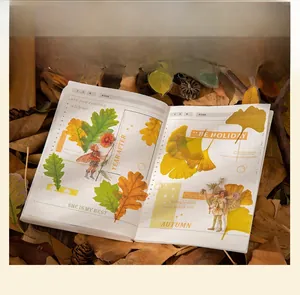 Close-up of autumn leaf stickers and illustrations on a journal with warm fall aesthetics
