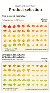 Detail view of Two seasonal PET leaf sticker packs with maple and ginkgo designs