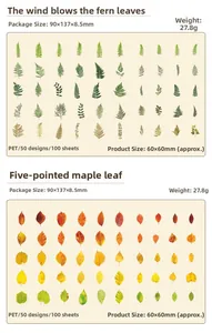 Detailed specs for 100pcs PET leaf stickers including dimensions and material details