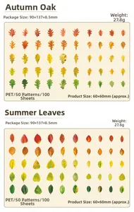 Detail of PET leaf stickers showing Autumn Oak and Summer Leaf patterns in 100-sheet packs