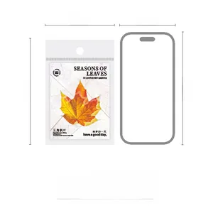 Size comparison of leaf theme stickers 90mm x 137mm package versus iPhone 14