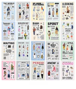 Detailed grid layout of 20 decorative stickers featuring retro items and fashion figures