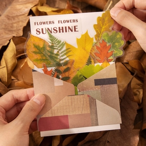 Vintage botanical leaf sticker set with translucent autumn leaves and retro envelope