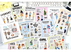 Detail of vintage-style stationery stickers with fashion figures for DIY journaling