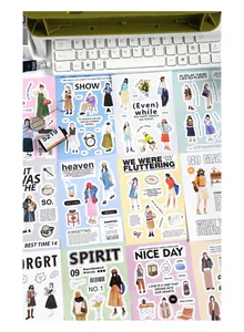Artistic flat lay of romantic daily aesthetic stickers for scrapbooking and DIY journals