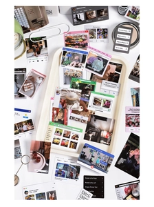 Detailed flat lay of Information Age aesthetic stickers with UI and retro photo designs