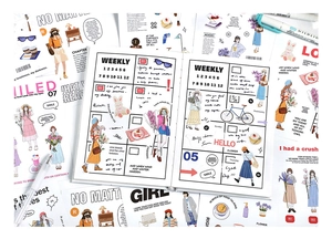 Flat lay of Romantic Daily series journal stickers featuring figures and floral elements