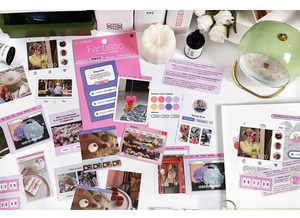 Detailed flat lay of Information Age aesthetic stickers with vintage PC windows and flowers