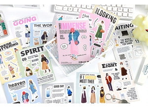 Flat lay of Romantic Daily series person stickers and English quotes on a desk