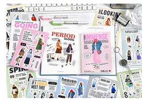 Flat lay of hand-drawn person illustration stickers with creative lifestyle stationery