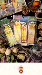 Detailed view of Baroque church style stained glass window stickers for DIY scrapbooking