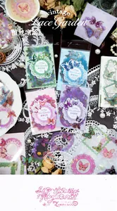 Detailed macro view of PET lace butterfly stickers with gold foil and laser effects