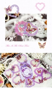 Detailed macro view of vintage purple lace stickers with holographic butterfly designs
