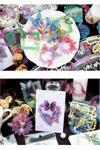 Macro detail of holographic lace butterfly PET stickers for scrapbooking decoration