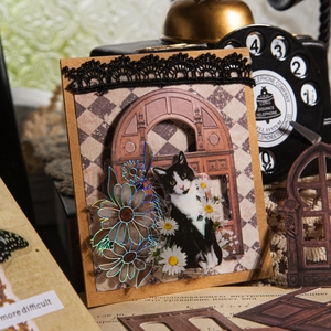 Retro DIY craft card with black and white cat, daisy accents, and vintage lace details