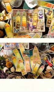 Detail of baroque church stained glass stickers with gold stamping on vintage stationery