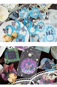 Detailed view of vintage lace butterfly PET stickers with gold stamping for journaling