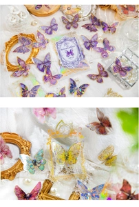 Detailed close-up of golden dawn series butterfly PET stickers with laser bronzing effect
