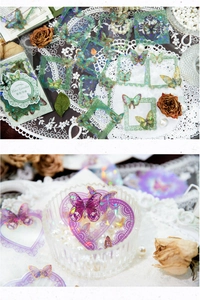 Close-up of lace butterfly PET stickers with gold foil details and laser effect
