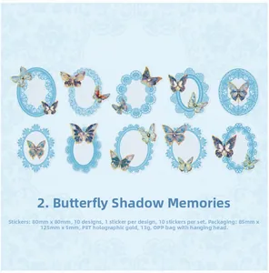 Flat lay of 10-piece PET lace butterfly stickers with gold foil for DIY journaling