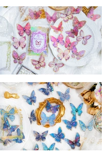 Close-up of laser cut butterfly PET stickers with golden foil for DIY scrapbooking