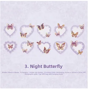 Macro detail of PET laser gold butterfly stickers and purple lace heart DIY decorations