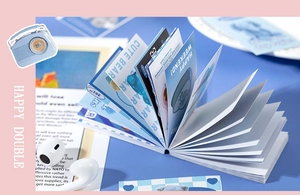 Detailed view of the blue-themed sticker book featuring cute bear and happy weekend designs