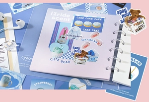 Close-up of clear PVC binder with cute blue rabbit and bear decorative stickers