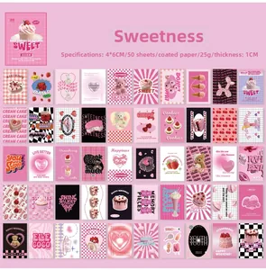 Detailed spread of 50 pink dessert themed stationery stickers with cute bear designs