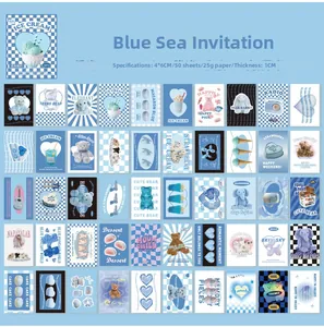 Detailed grid view of 50 blue aesthetic decorative stickers with bear and dessert motifs