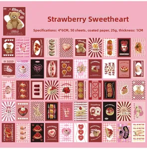 50 unique 4x6cm vintage strawberry bear stickers in grid layout on coated paper