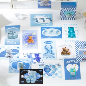 Blue collection stickers with teddy bears, heart cakes and ice cream illustrations