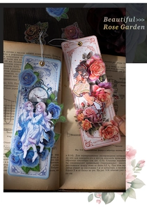 Detalle de marcapáginas decorativos de jardín de rosas con pan de oro sobre un libro
