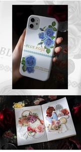 Detalle de pegatinas de rosas vintage en una funda de móvil y un diario personal