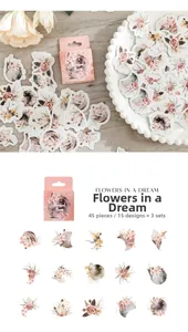 Détails d'un lot de 45 autocollants fleurs vintage avec motifs de lune et fleurs séchées