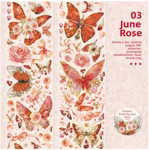 Vue détaillée du ruban PET décoratif avec papillons et roses, boucle de 350mm