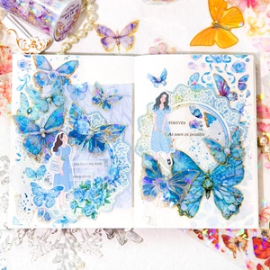 Ruban PET papillon bleu avec dorure laser pour décoration de journal DIY