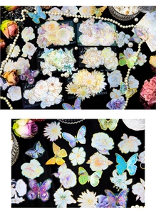 Detailed macro of PET floral stickers with iridescent gold foil on black velvet
