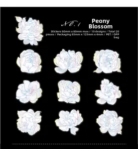 Macro shot of 20pcs PET flower stickers with holographic gold edges for DIY scrapbooking