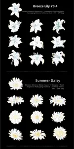 Detail of PET floral stickers showing lily and daisy patterns in hand-drawn white style